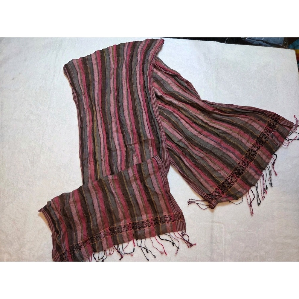 325 Women's Striped Fringe Scarf Pink Brown Gray Burgundy Boho Lightweight Wrap